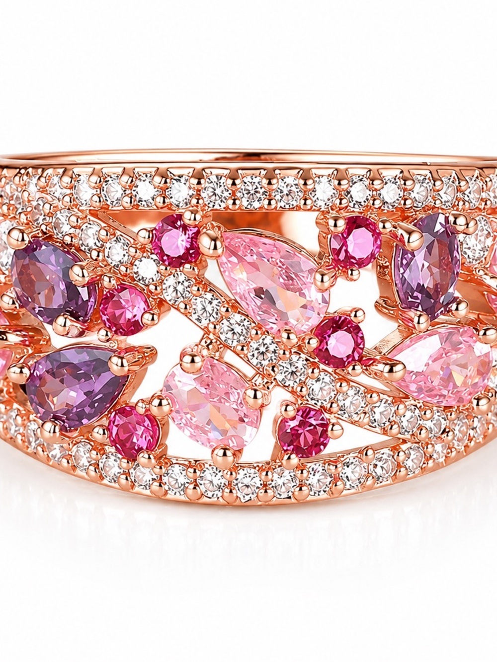 Rose Gold Pink & Purple Crystal Multi-Stone Ring - Picture 2 of 3